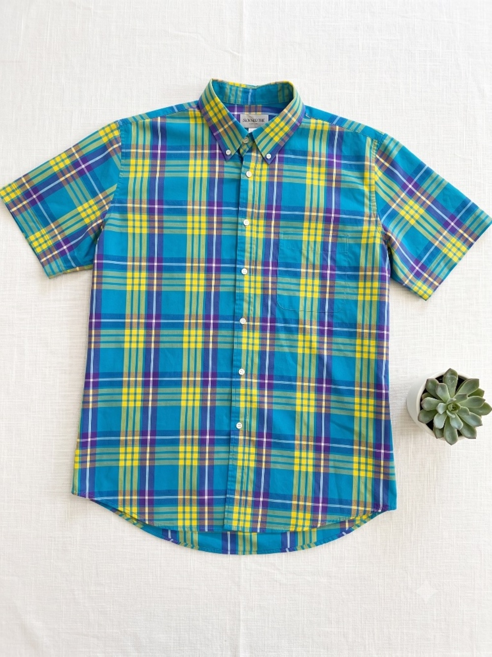 Sun River Mens 2XL Short Sleeve Button Down Shirt Blue Yellow Plaid Pocket